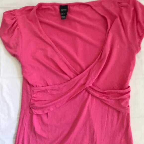 Esprit Drapey Hot Pink Stretch Puff Sleeves Criss Cross Top T- Shirt Tee Ruched - Picture 6 of 8